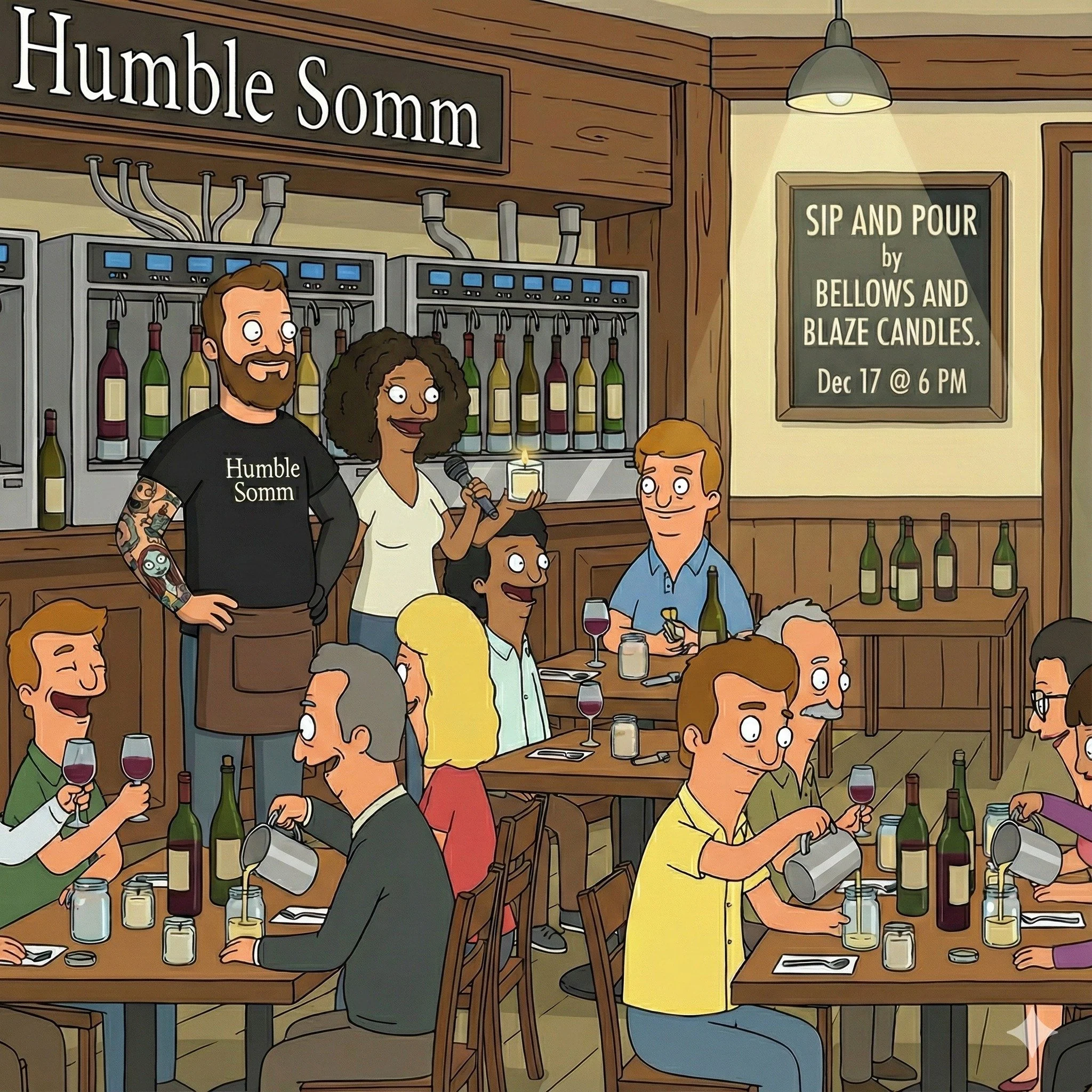 Pour wax. Pour wine. Leave with a custom candle and a happy palate. Dec 17, 6 PM at Humble Somm featuring Bellows &amp; Blaze Candles. Link for tickets is in our bio.