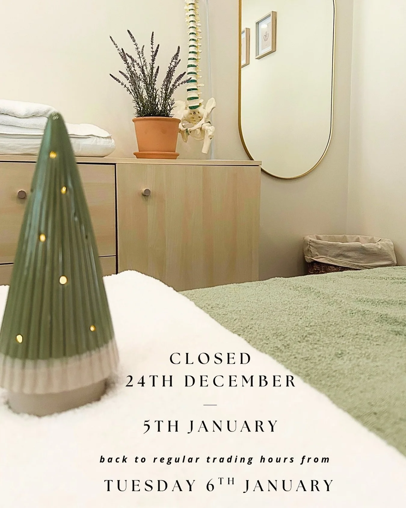 The Lead Osteopathy Team have had a huge year, and the festive season is looking to go out with a bang too.

We are taking a Christmas break this year, so our team can relax, rejuvenate, and enjoy some well deserved family time!

Open all day on Tues