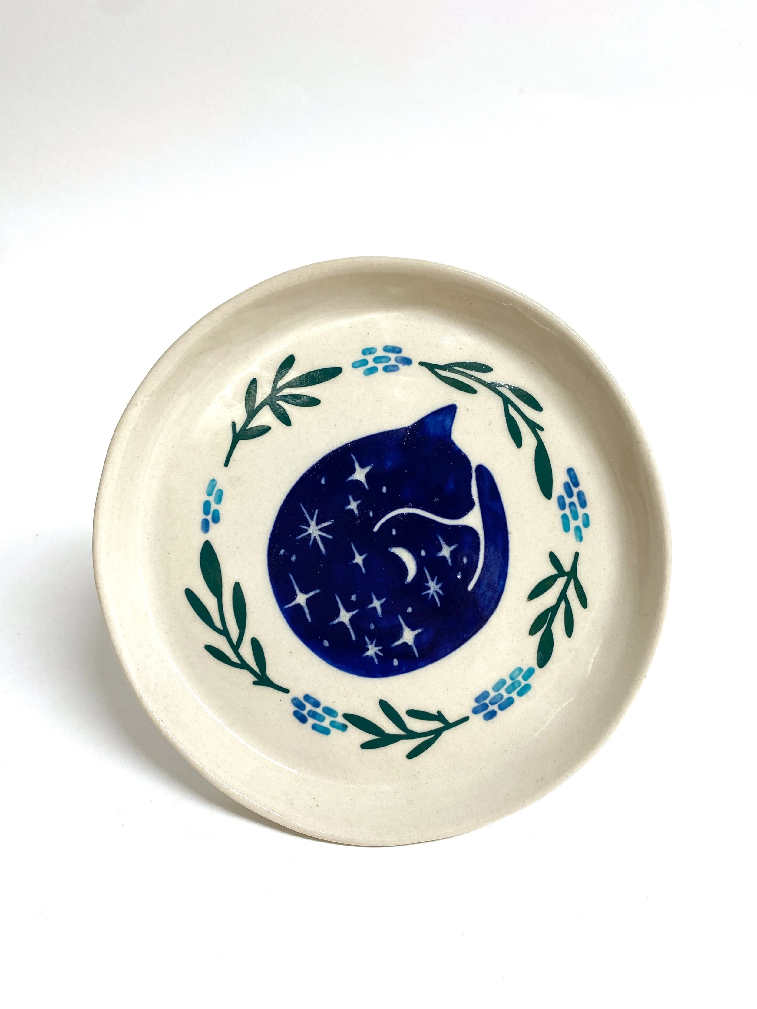 Medium Dish - Celestial Cat in Blue and Green