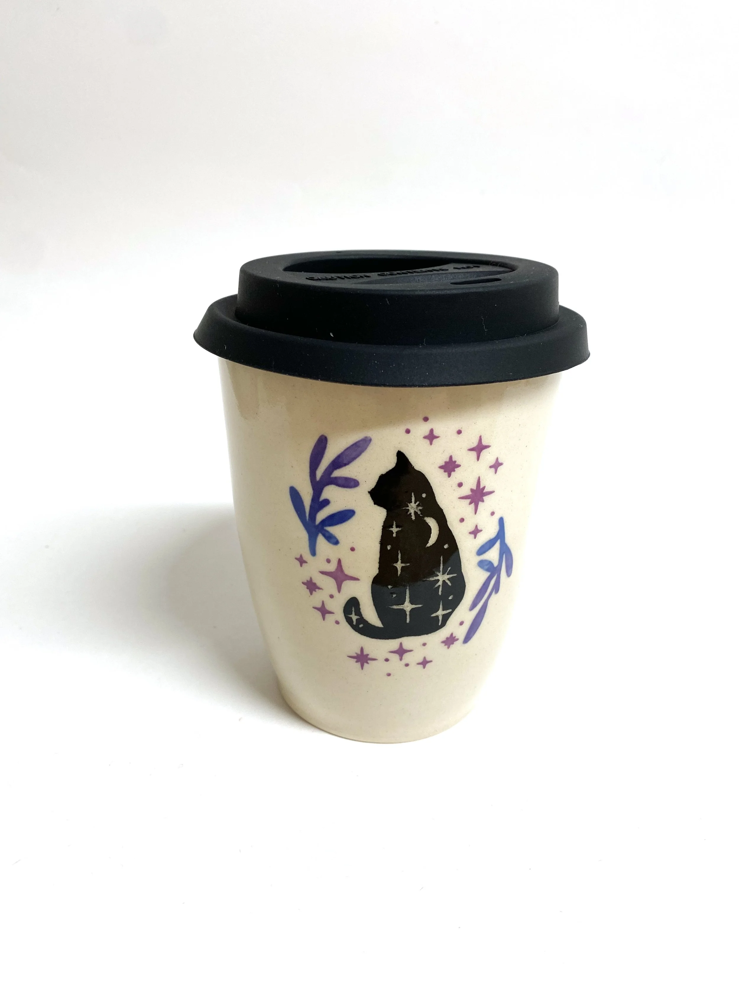 Travel Cup - Black Cat with Purple Leaves and Stars
