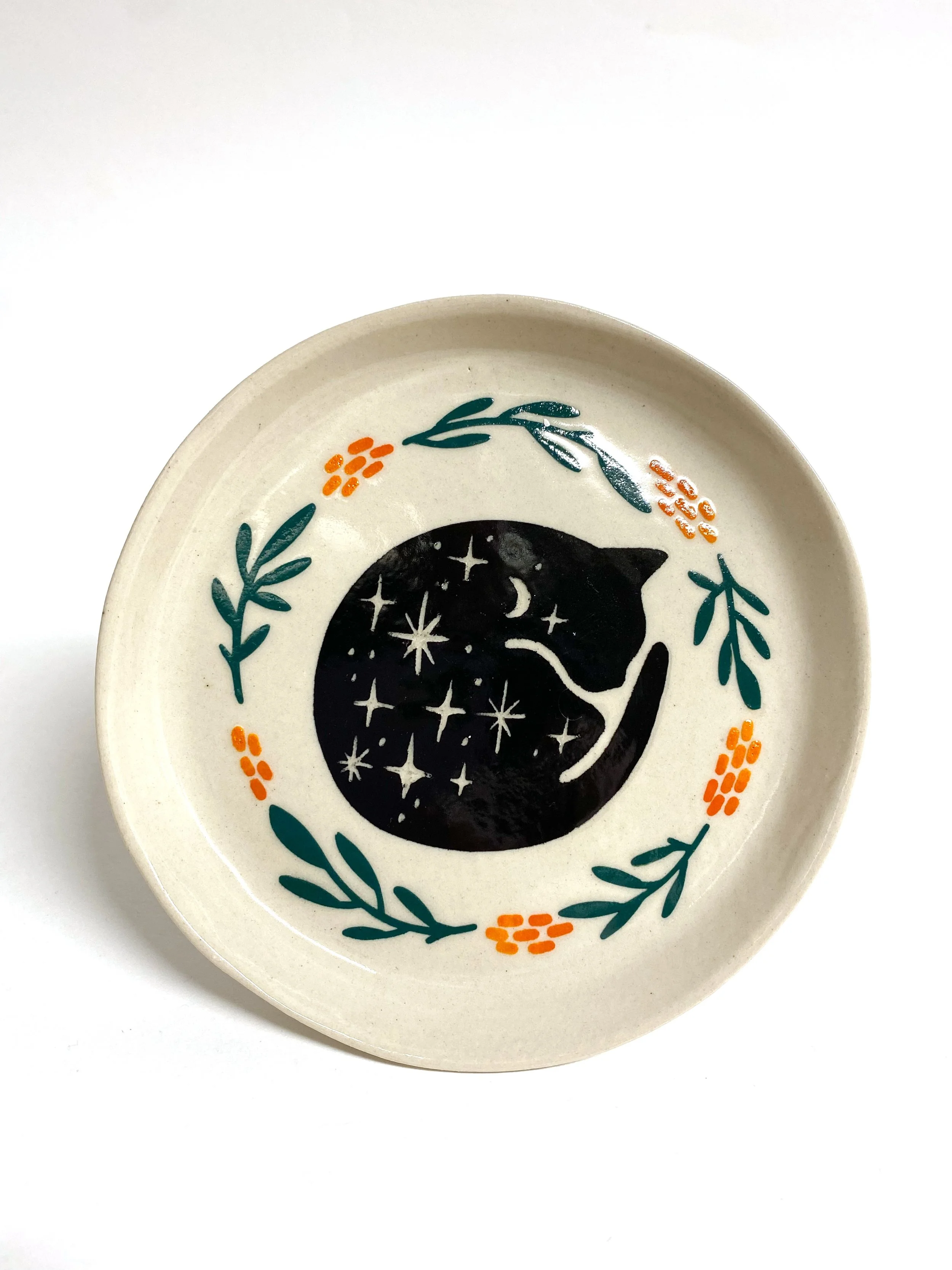Medium Dish - Celestial Cat in Black, Green, and Orange