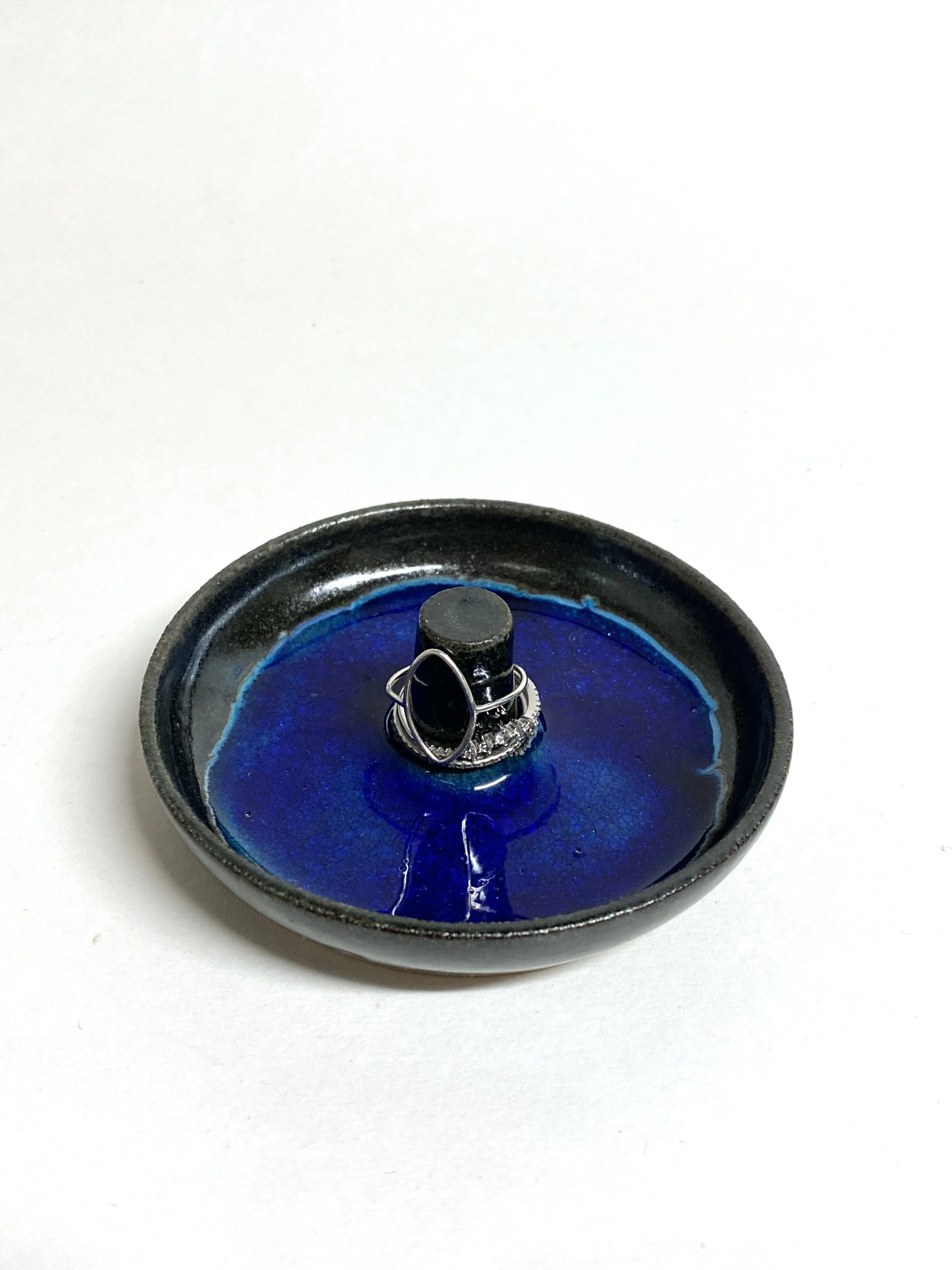 Ring Dish #1 - Black with Blue Glass