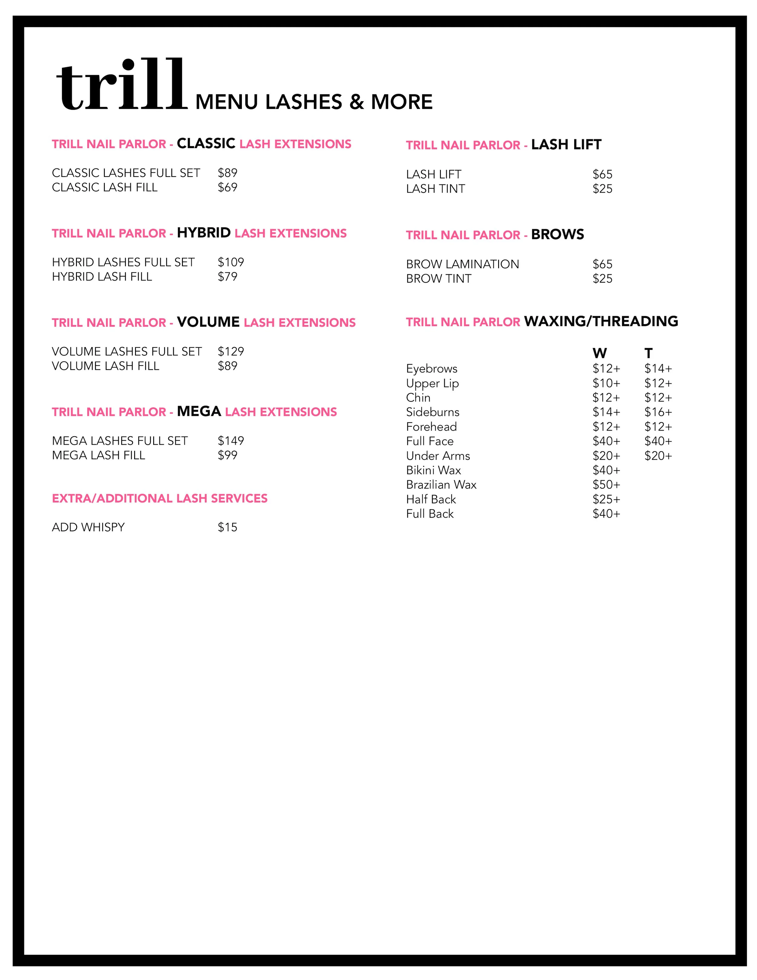 Lash & More Menu — Trill Nail Parlor