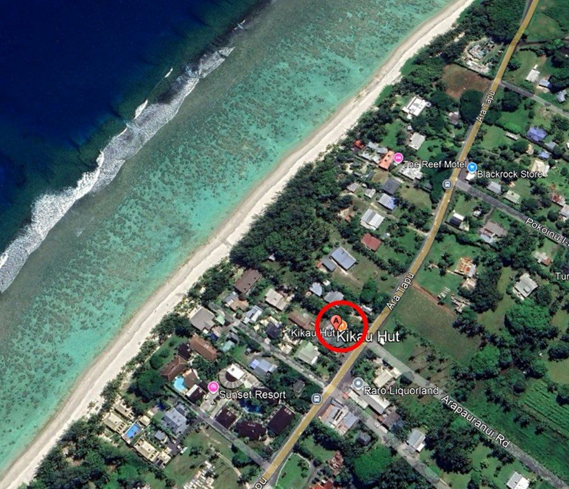 Google Earth location of Kikau Hut Restaurant Rarotonga