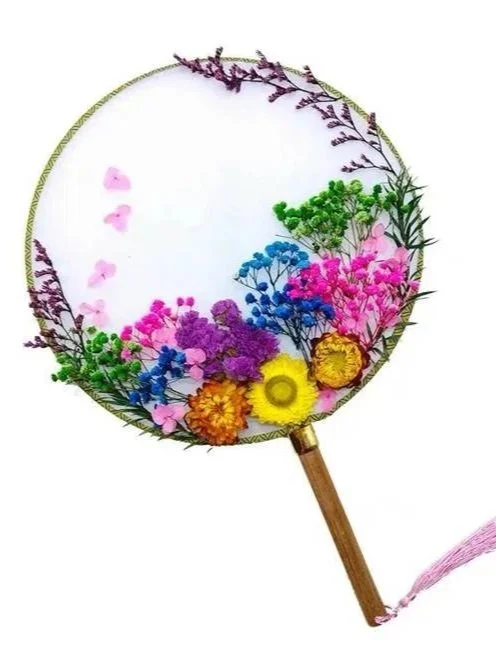 Dried Flower on Silk Fan
