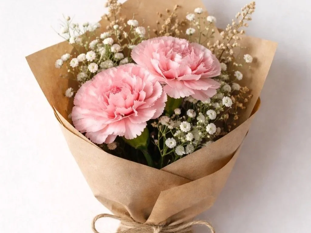 Small Fresh Flowers Bouquet_2 Carnations with Flower Fillers wrapped in Kraft Paper