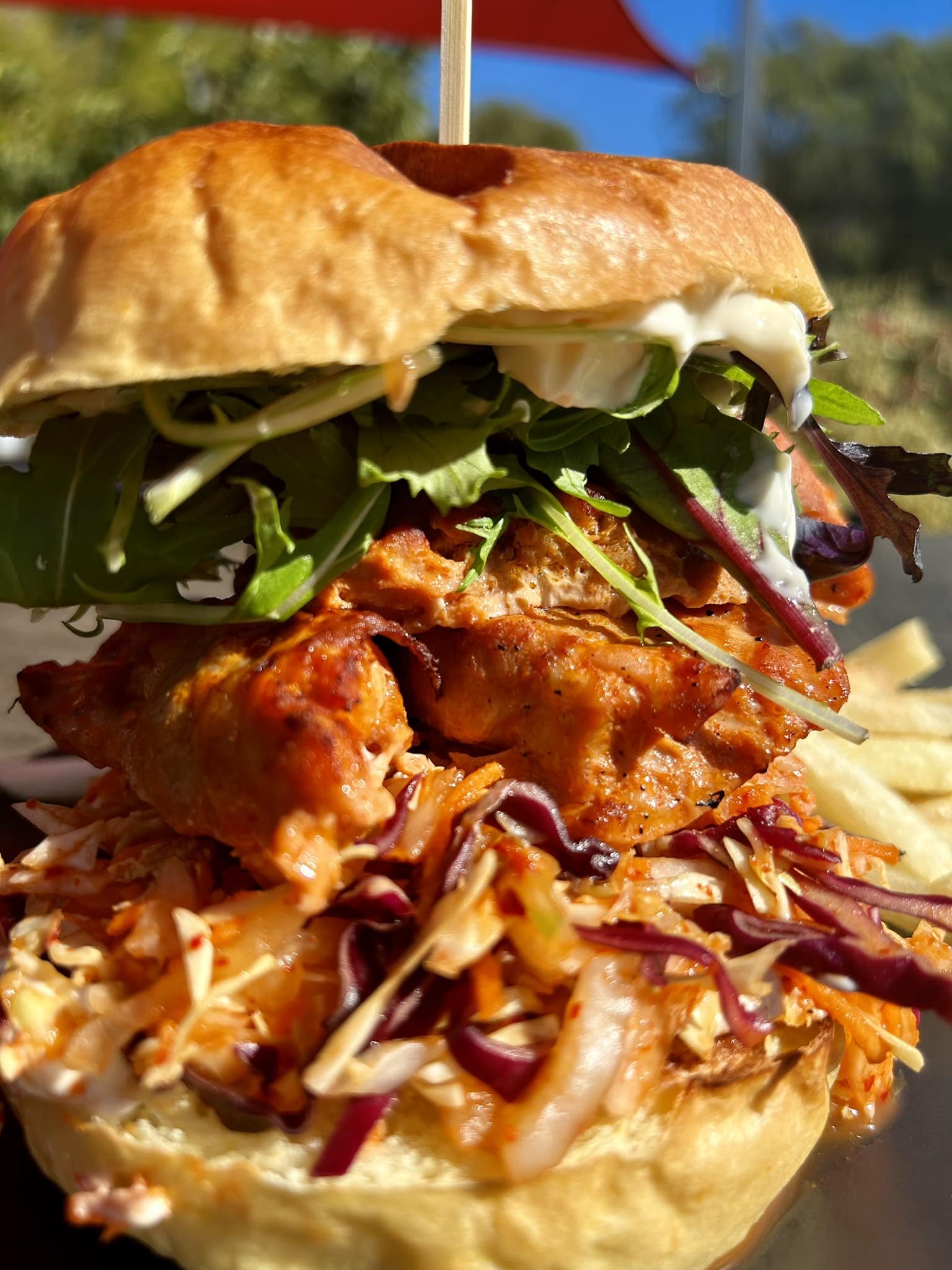 Your BOD this Weekend 
Gochujang chicken, spicy kimchi slaw, kewpie mayo, fresh greens &amp; served w chips 🍔👍 Burger BabyMargaret RiverDoust's Corner