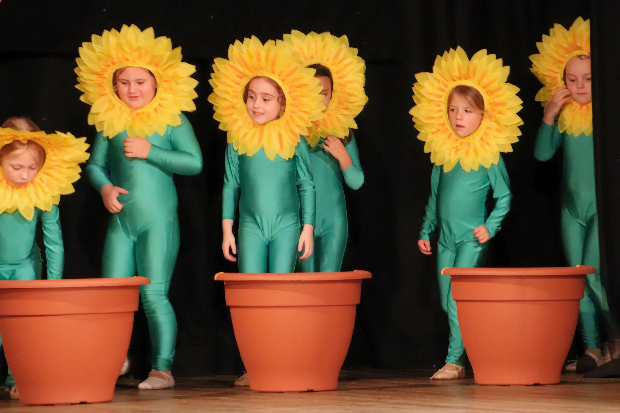 Primary class children dressed in sunflower costumes on stage, participating in an LC Dance Showcase performance.