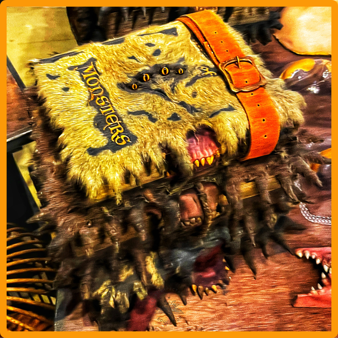 Decorative tiger head with painted fur, orange collar, and fierce open mouth, displayed on a wooden surface.
