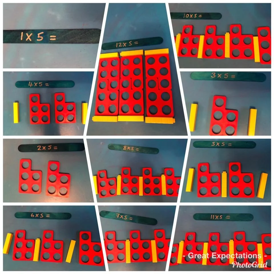 Multiple images showing multiplication problems with colorful counters and bars for visual aid, including 1x5, 4x5, 12x5, 3x5, 2x5, 8x5, 5x5, 6x5, 7x5, and 11x5.