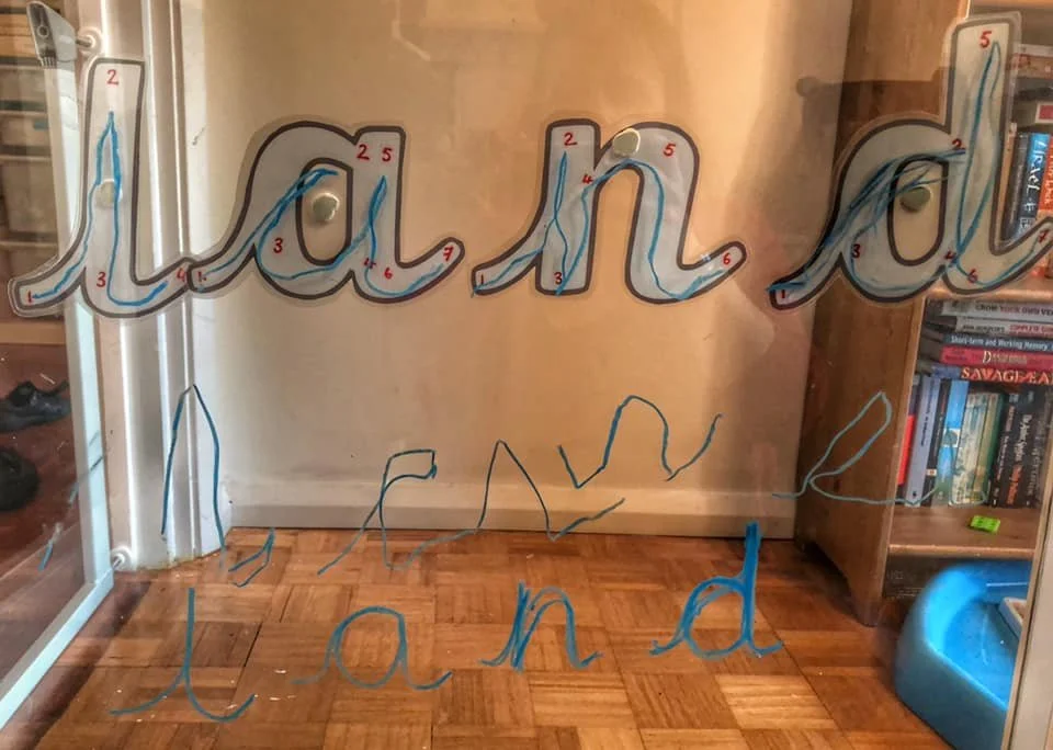 Decorative word 'welcome' and 'land' written on a glass door with blue string art, mountains and a sun in the background, with bookshelves visible inside.