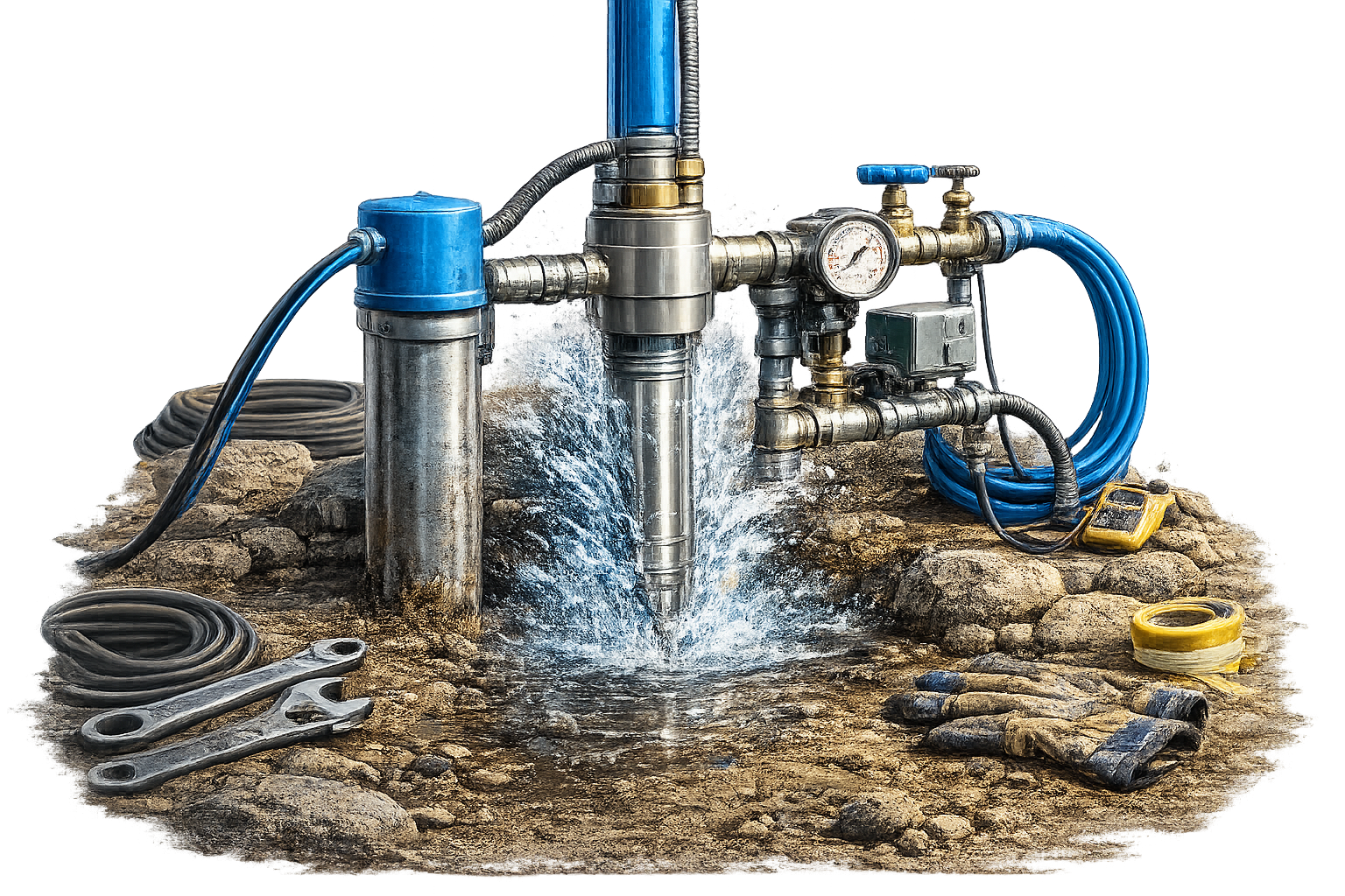 Close-up of a water well pump with pipes, gauges, and hoses on rocky ground, water flowing out of the pipe, tools and equipment nearby.