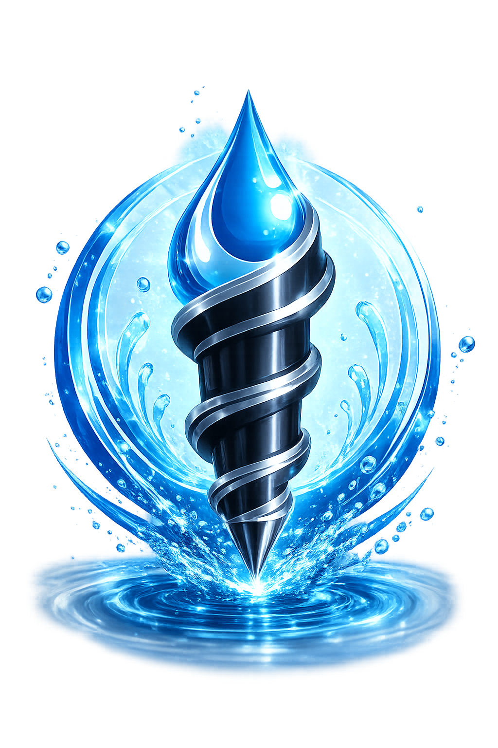 Futuristic digital illustration of a spiral tattoo machine with water splash effects, glowing blue elements, and a reflective metallic surface.
