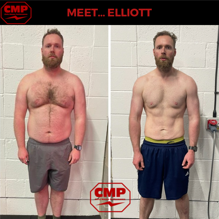Age: 30's Biggest Challenge : Fell completely out of love with diet and exercise until a health scare jolted him back into action. Elliott now had to lose weight. What he'd tried in the past : Gyms, PT's and eating clean. Biggest problem areas : Bell