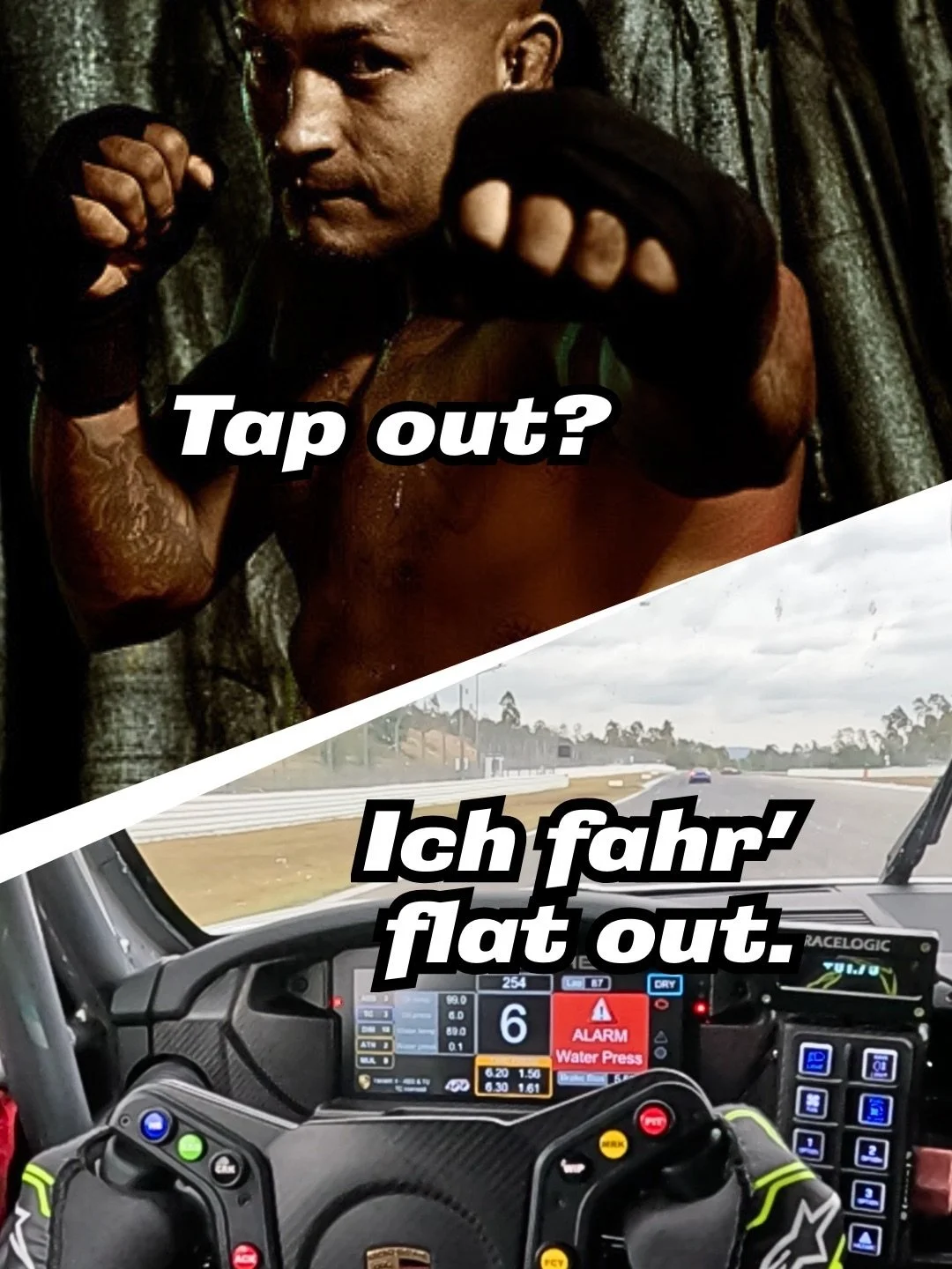 Mein K&auml;fig ist aus Stahl.
Kein Zaun. Keine Polster. Rein, Gurt zu 

und die Welt wird still.

MMA oder Motorsport:

am Ende geht&rsquo;s um das Gleiche: Druck, Fokus, Timing.
Guard vs. Gurt. Ground &amp; Pound vs. Ground Effect.
Clinch? Ich such