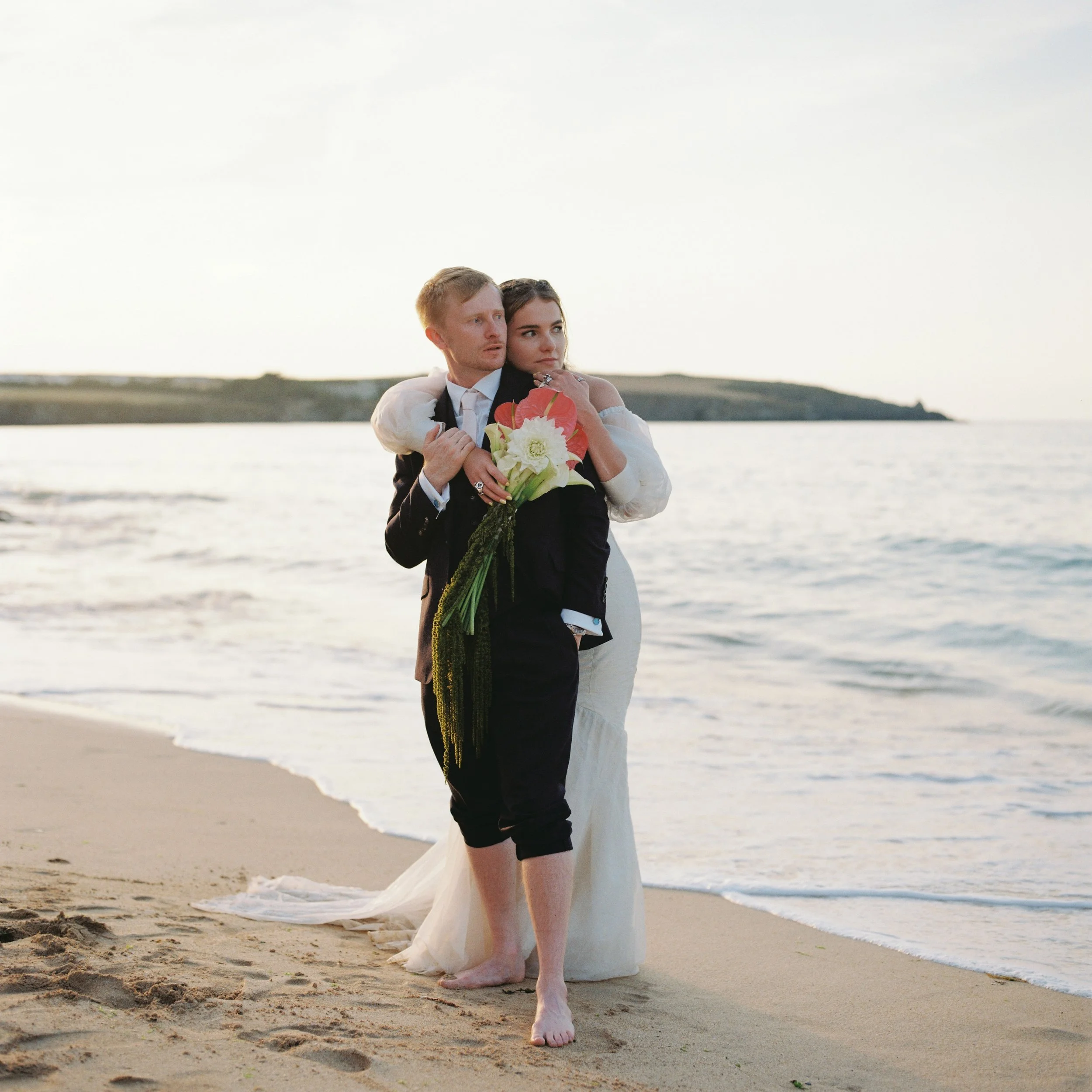medium format couples photographs at Harlyn Bay Cornwall