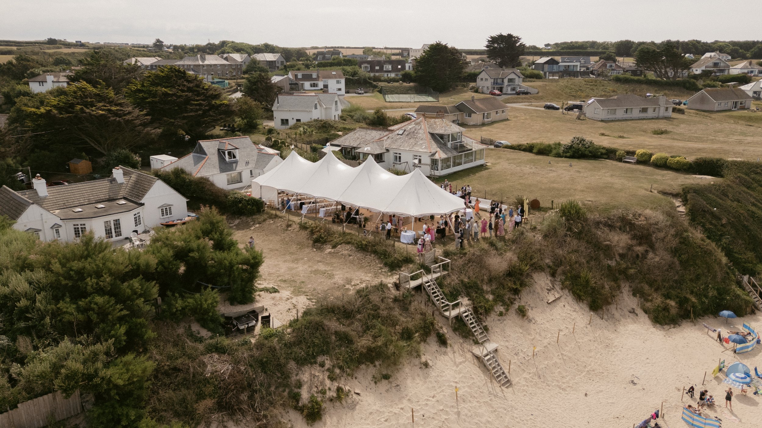 drone wedding photograph of a beach wedding at Harlyn Bay in Cornwall