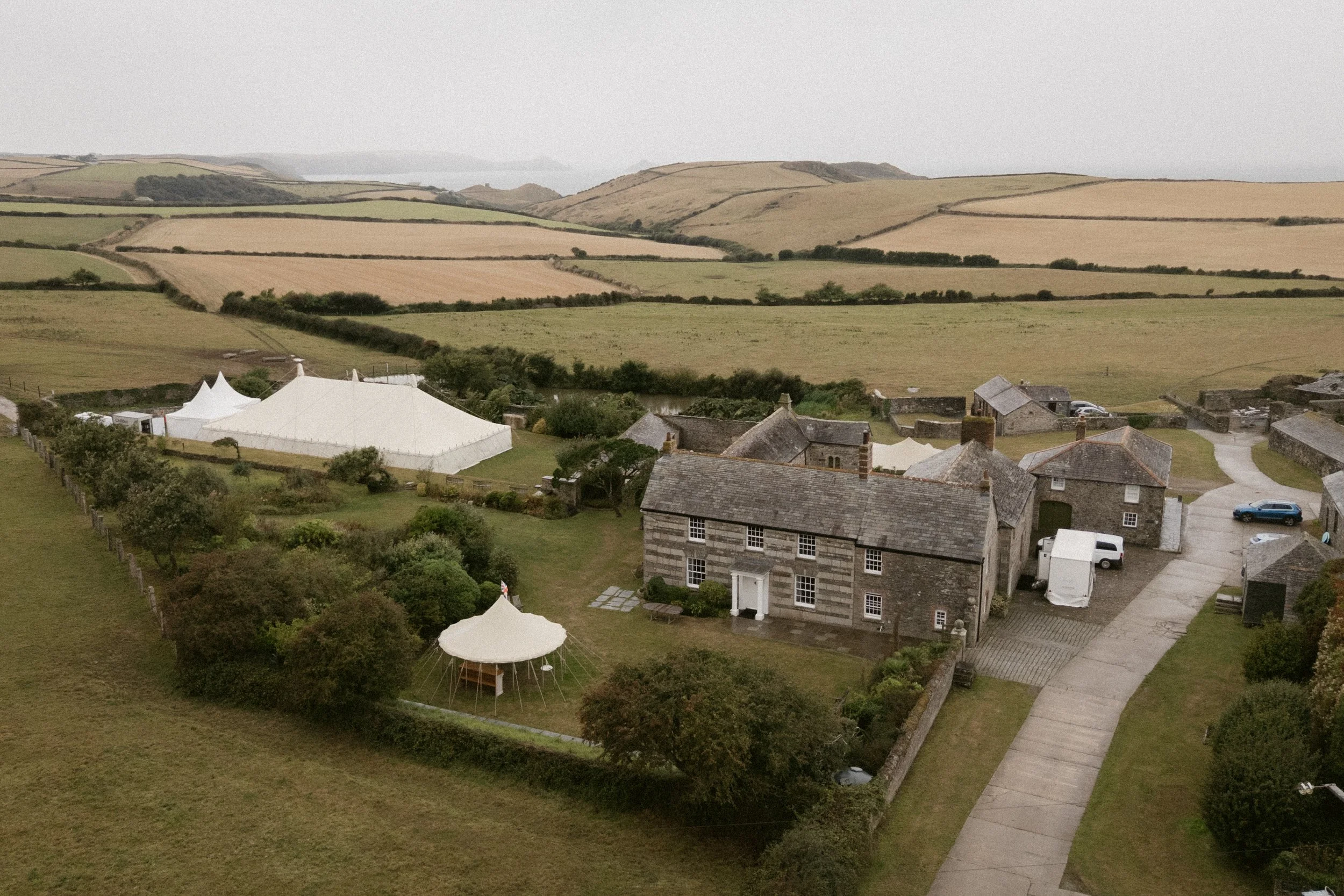 arial views of Roscarrock Farm wedding venue in cornwall