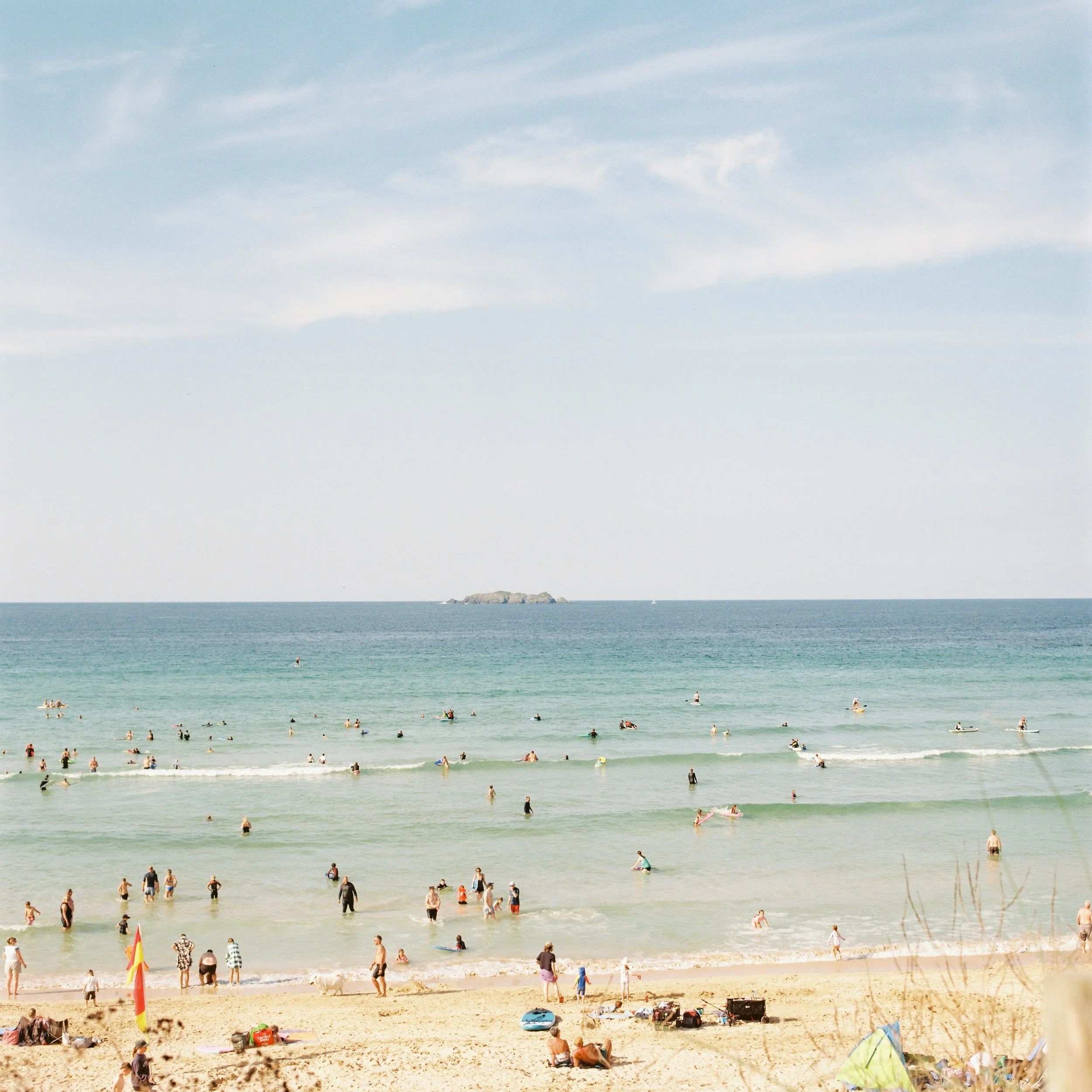 medium format photography of a beach wedding in cornwall at harlyn bay in the summer time