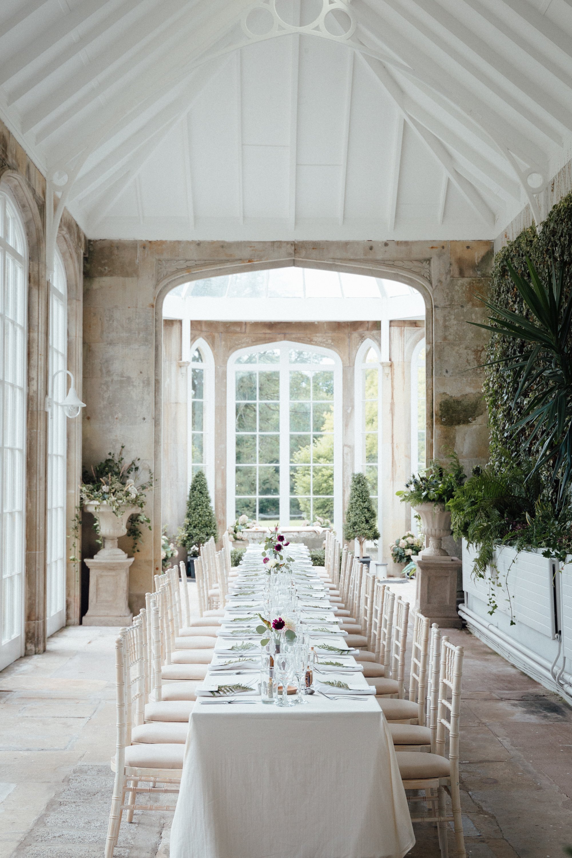 Crom Castle orangery in Northern Ireland set up for a beautiful summer wedding