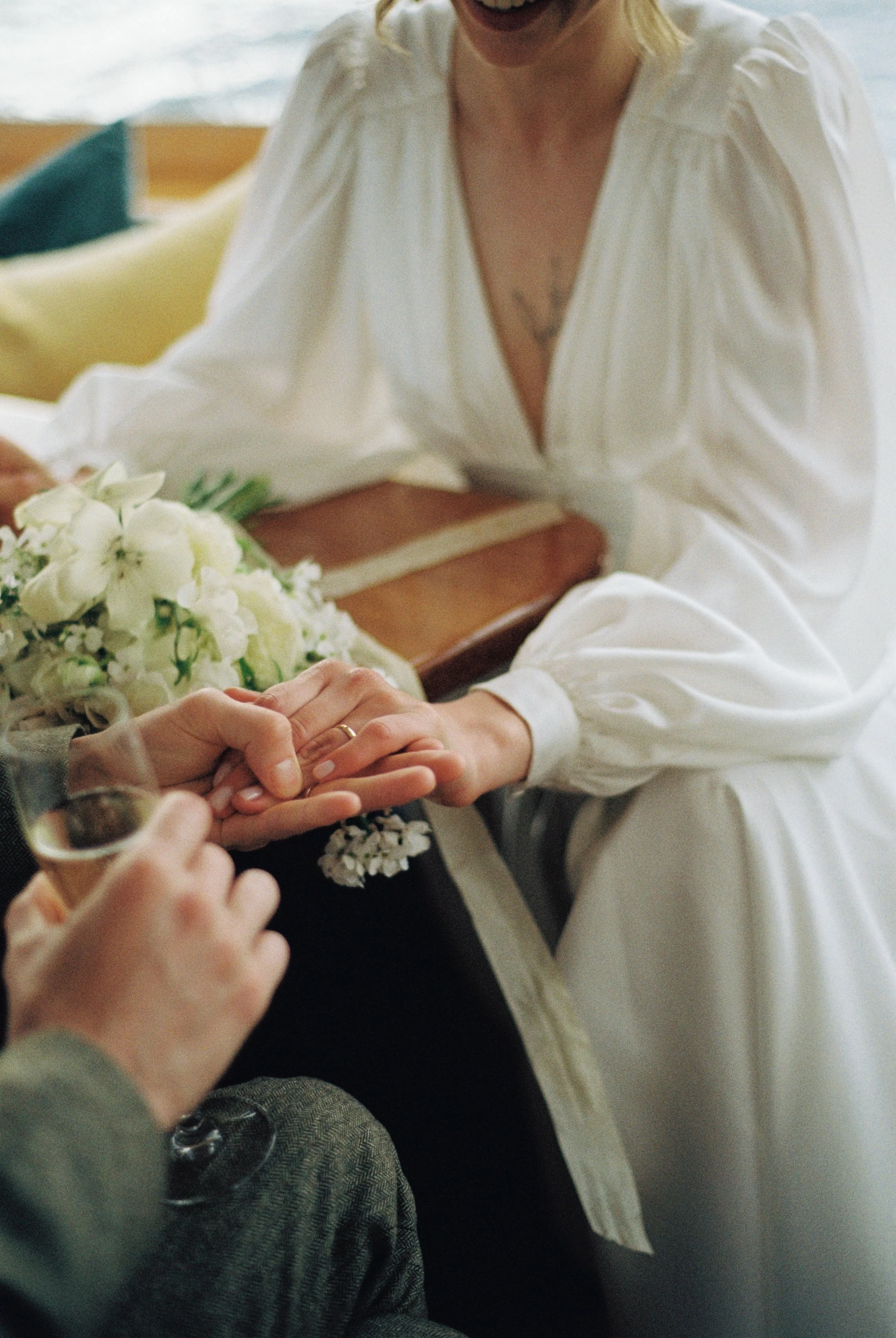 elopement on the river at st mawes with blue river table wedding boat rides captured on analogue film