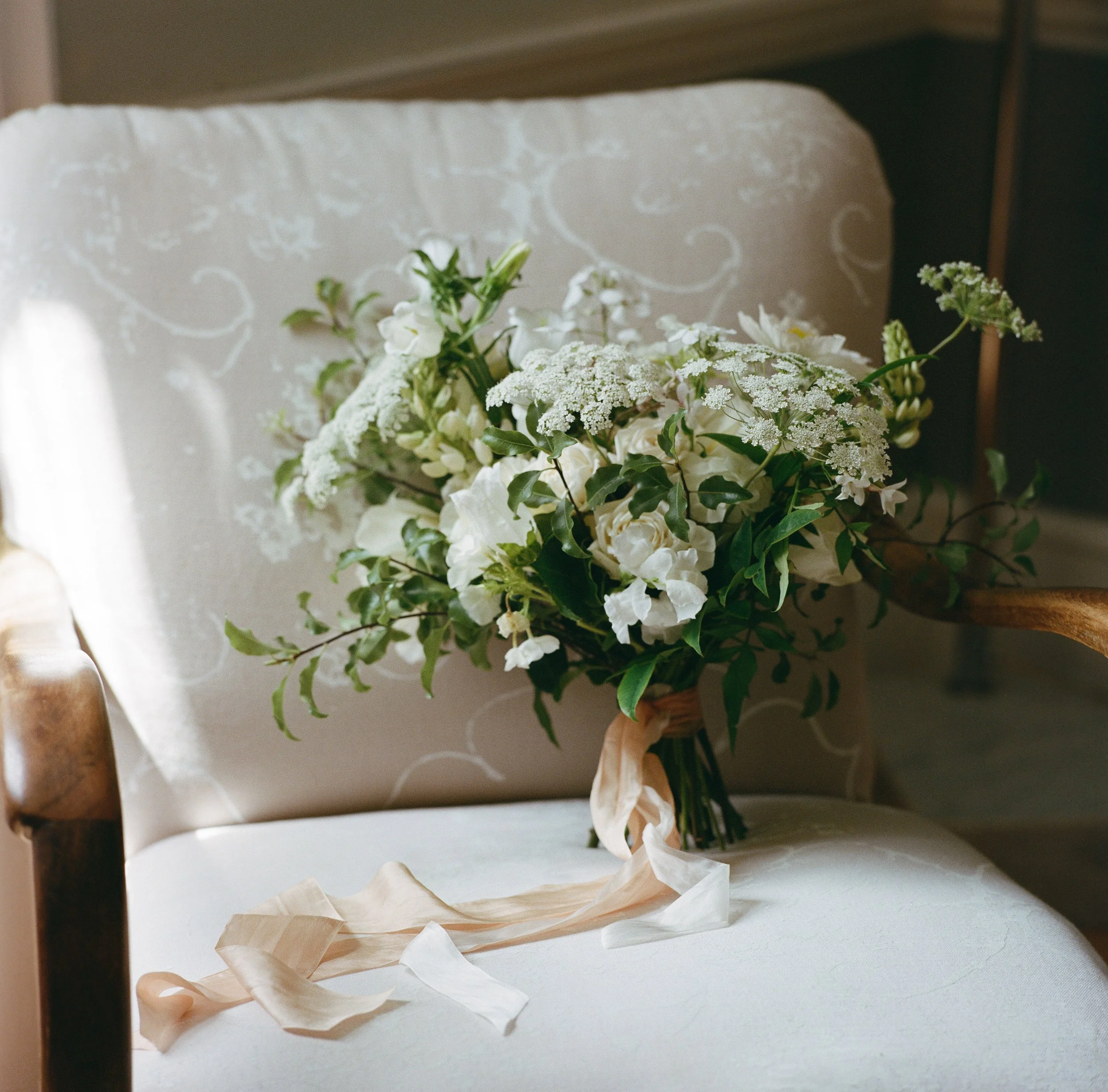 Greenery and white blooms by 3Acre Florists in Cornwall on medium format film at Treseren