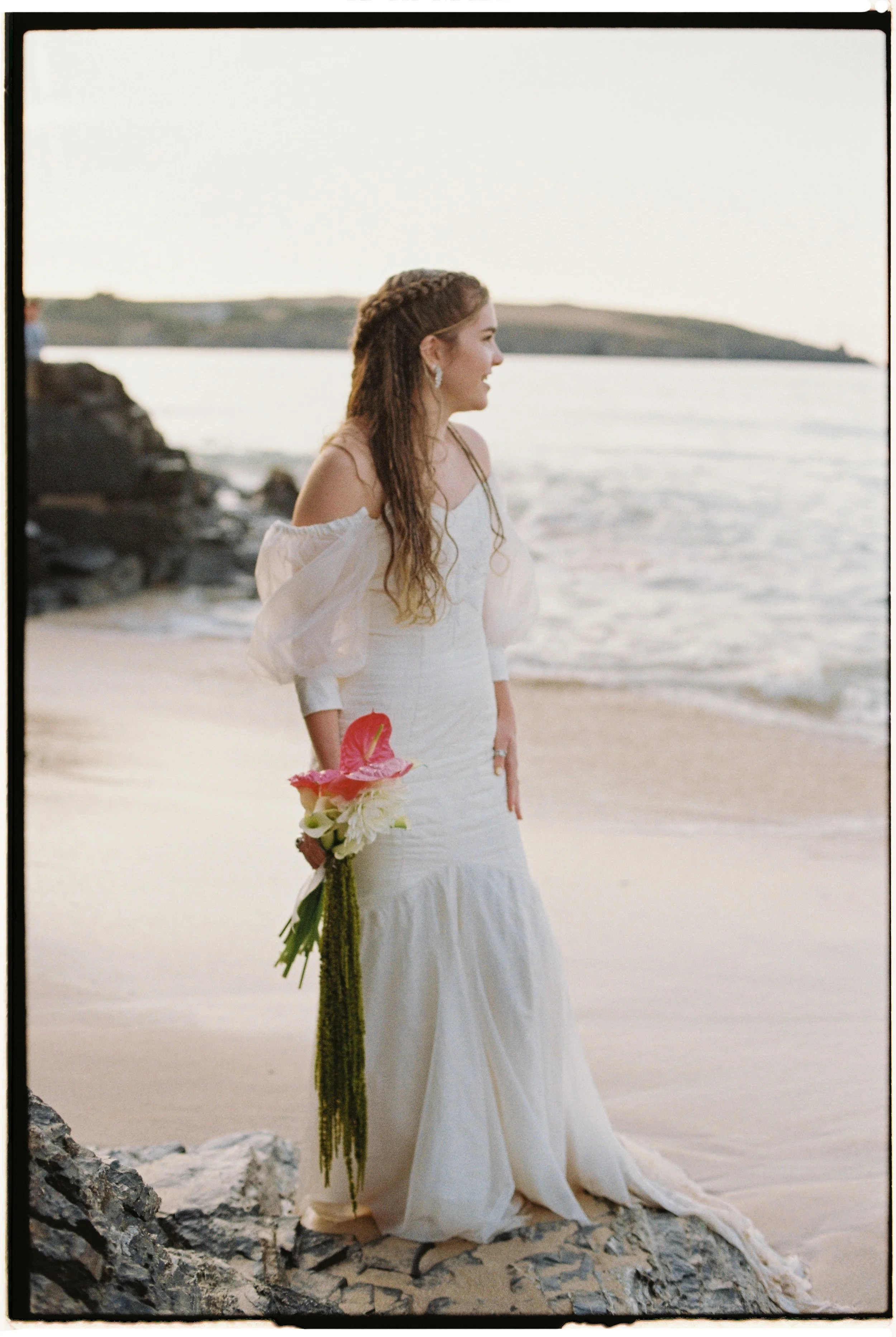 mermaid inspired bridal portraits in editorial style by the sea in cornwall shot on kodak portra 400 film