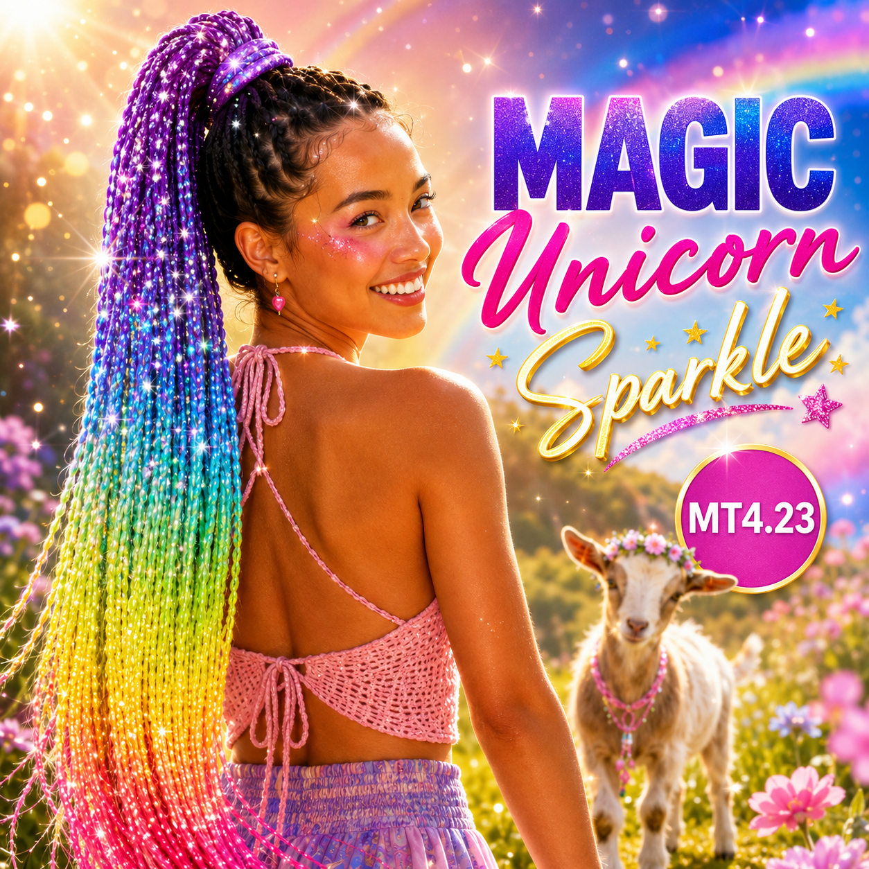 Purple, Blue, Green, Yellow & Pink Braided Ponytail Extension (MT4.23 Magic Unicorn Sparkle)