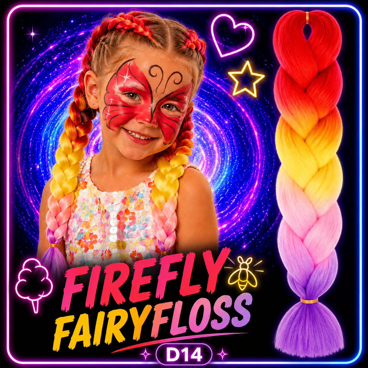 Red, Yellow, Pink & Purple Jumbo Braiding Hair Extension (D14 Firefly Fairyfloss)