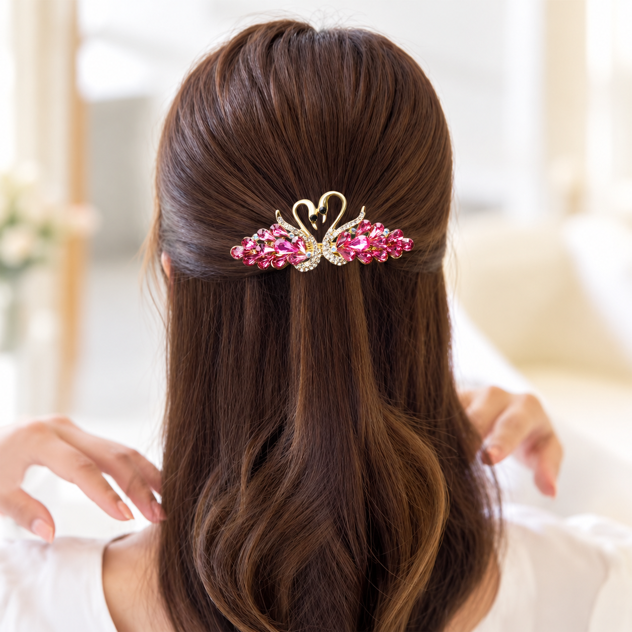 Rose Pink Swan Barrette in Wavy Hair-1.png