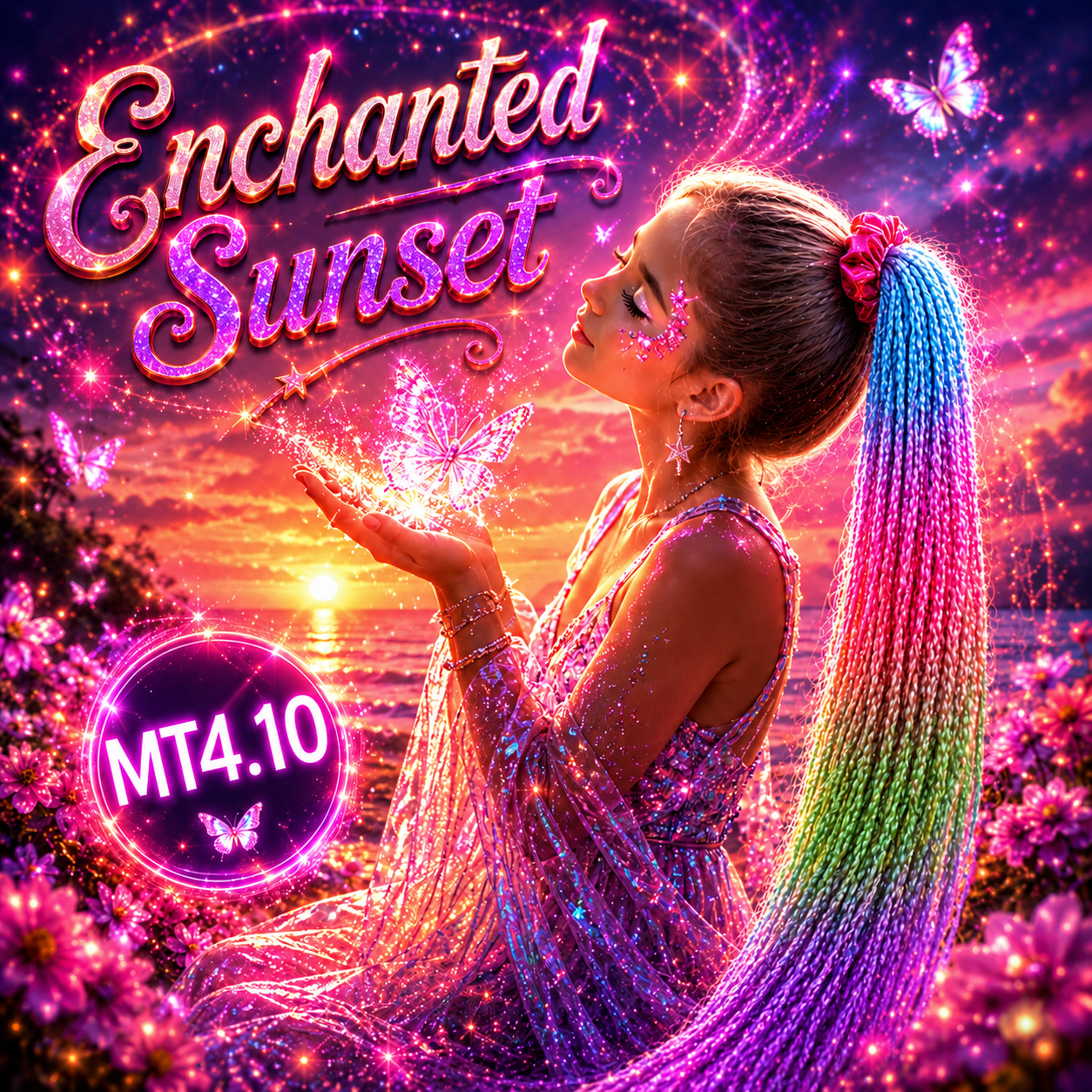 Sky Blue, Sunset Pink, Green & Lavender Braided Ponytail Extension (MT4.10 Enchanted Sunset)