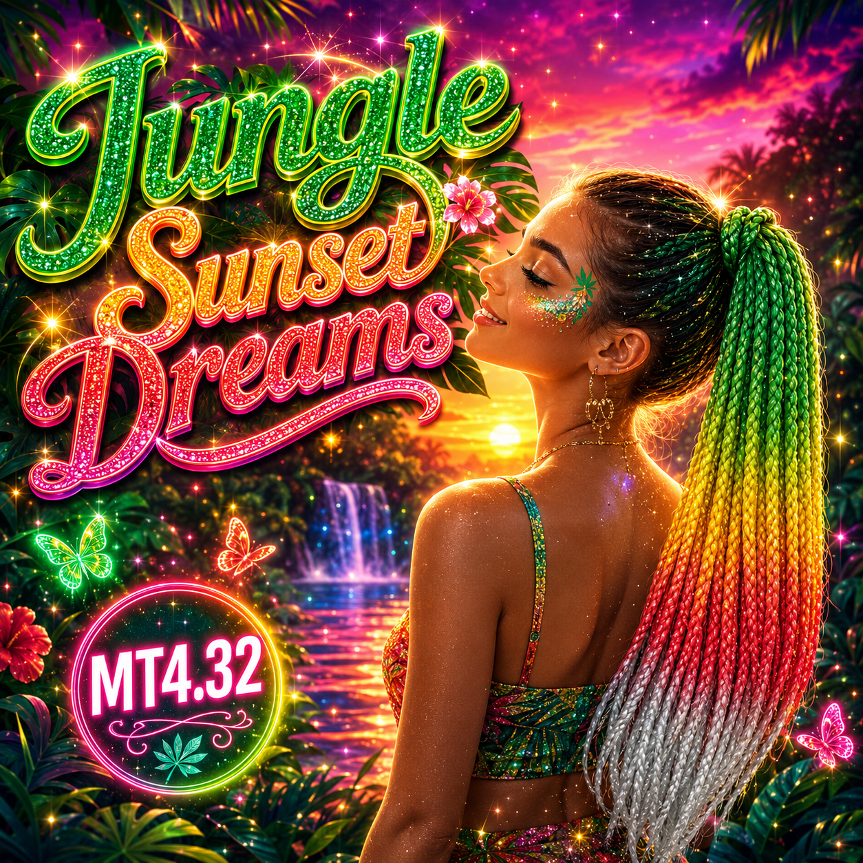 Green, Yellow, Red & Silver Braided Ponytail Extension (MT4.32 Jungle Sunset Dreams)