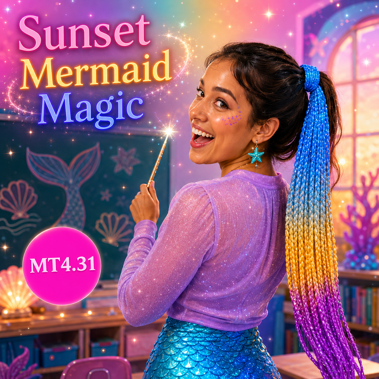 Purple, Pink, Orange & Blue Braided Ponytail Extension (MT4.31 Sunset Mermaid Magic)
