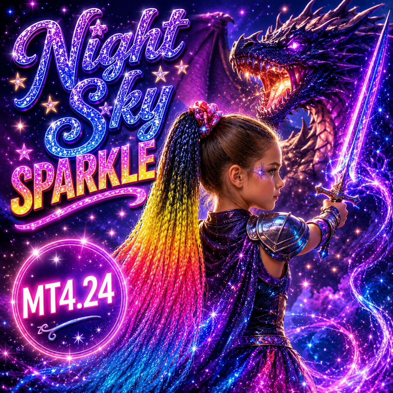 Black, Pink, Yellow & Blue Braided Ponytail Extension (MT4.24 Night Sky Sparkle)