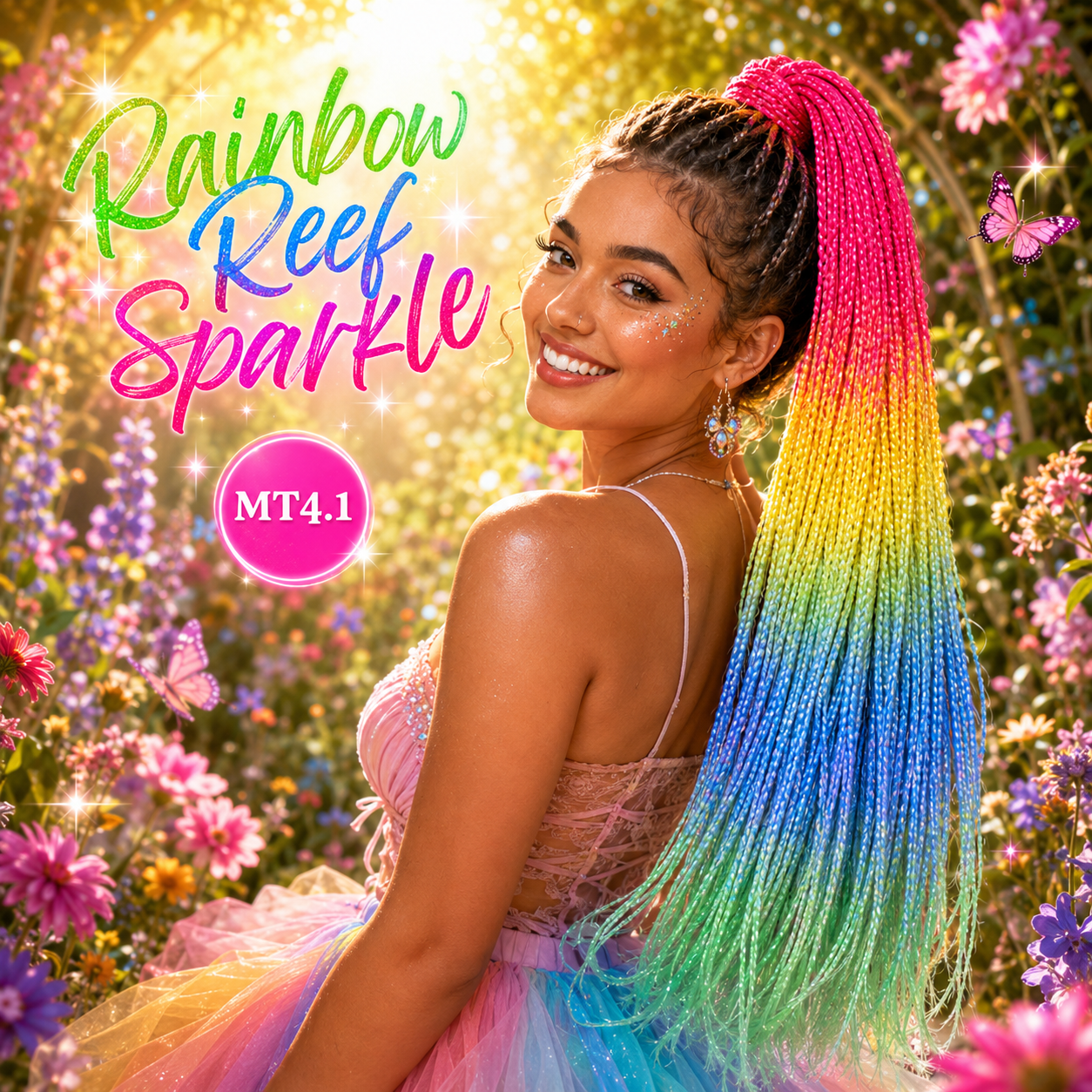 Pink, Yellow, Blue & Sea Green Braided Ponytail Extension (MT4.1 Rainbow Reef Sparkle)