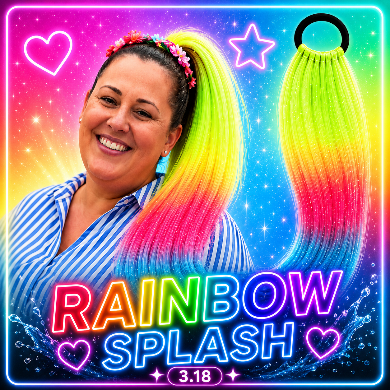 Yellow, Pink & Blue Wrap Around Ponytail Extension (3.18 Rainbow Splash)
