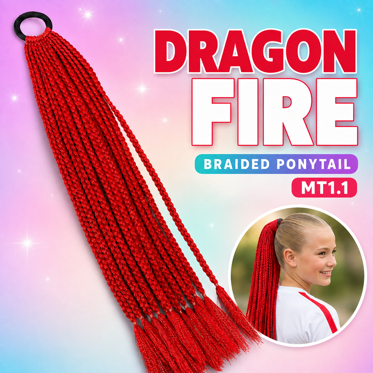 Bright Red Braided Ponytail Extension (MT1.1 Dragon Fire)