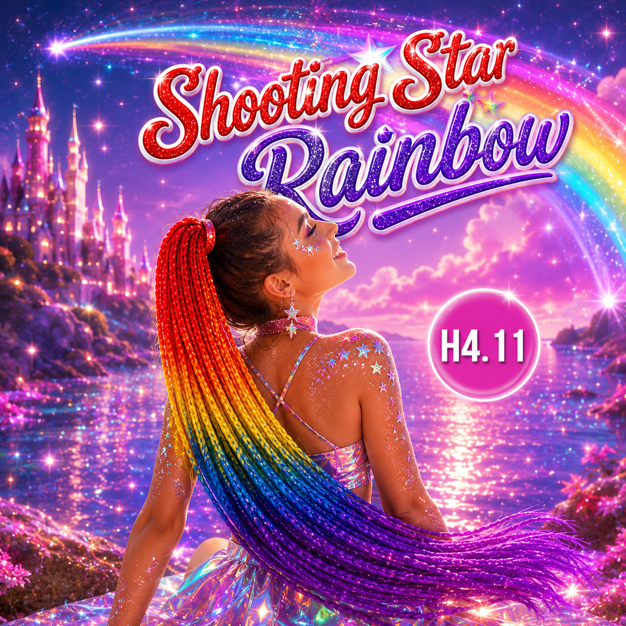 Red, Yellow, Blue & Purple Braided Ponytail Extension (H4.11 Shooting Star Rainbow)