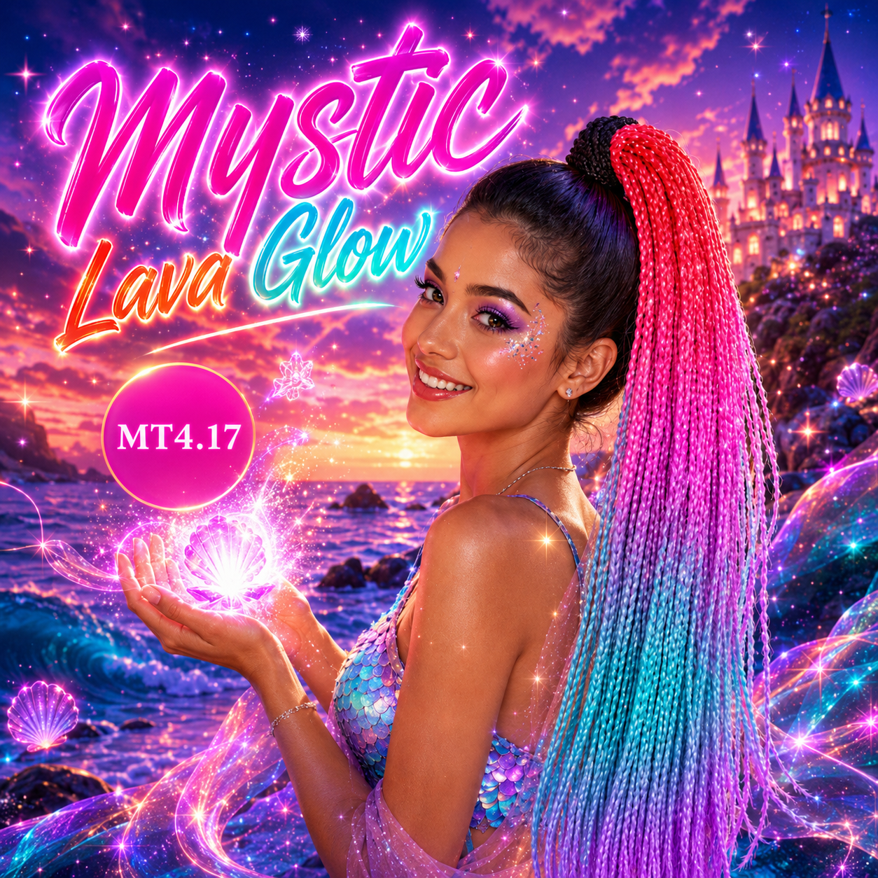 Coral Pink, Rose & Lavender Braided Ponytail Extension (MT4.17 Mystic Lava Glow)