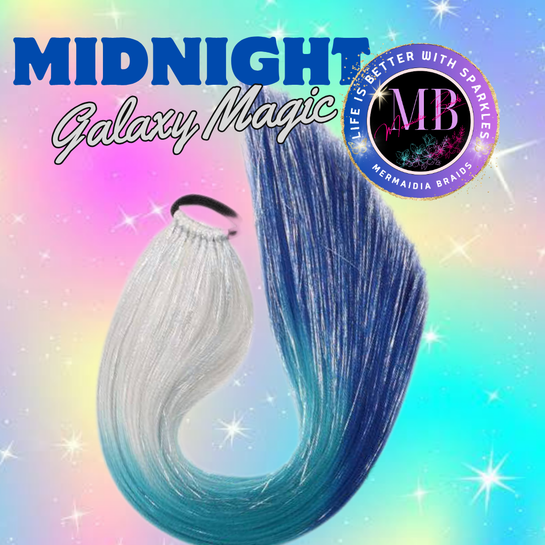 Silver, Aqua & Midnight Blue Wrap Around Ponytail Extension (3.14 Midnight Galaxy Magic)