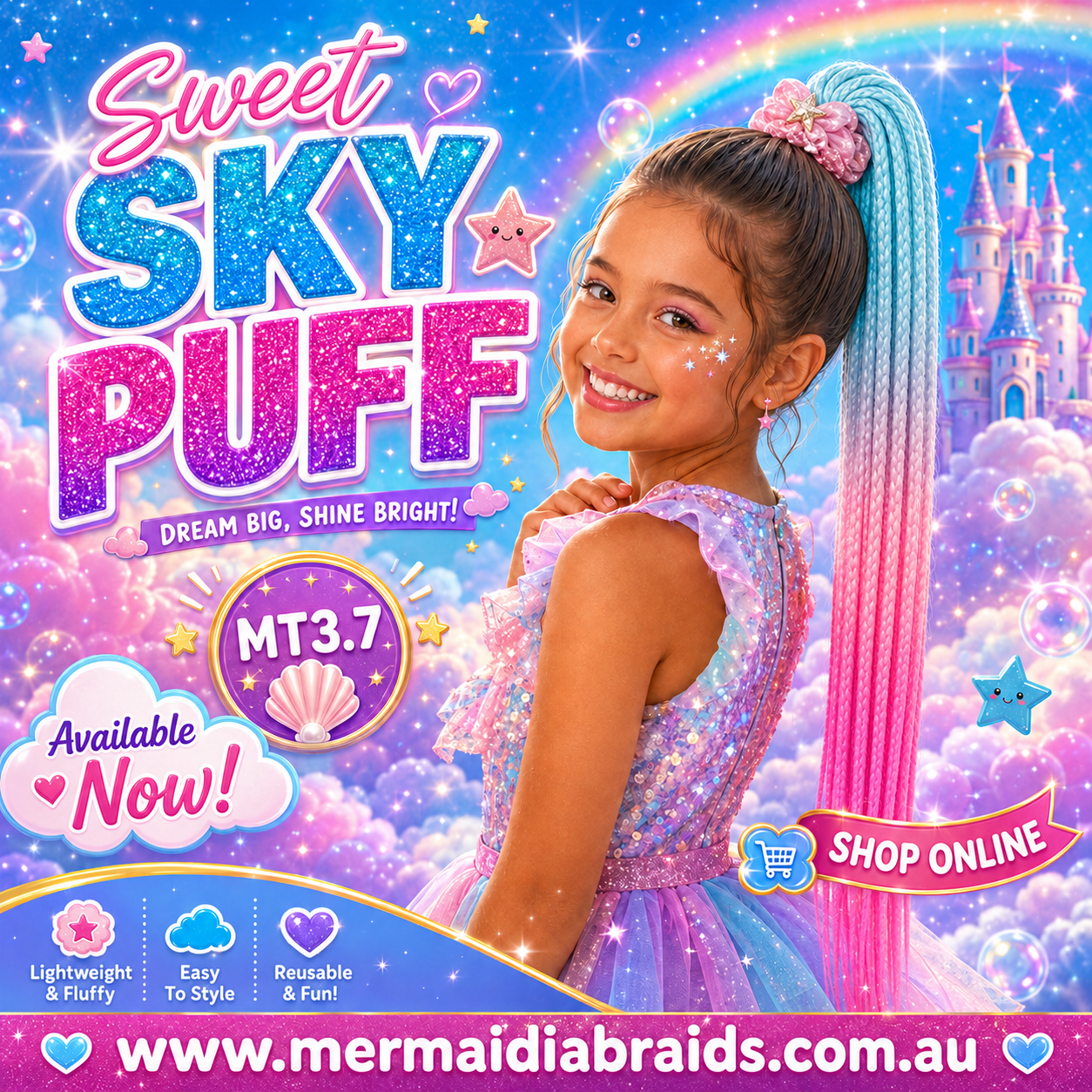 Sky Blue & Candy Pink Braided Ponytail Extension (MT3.7 Sweet Sky Puff)