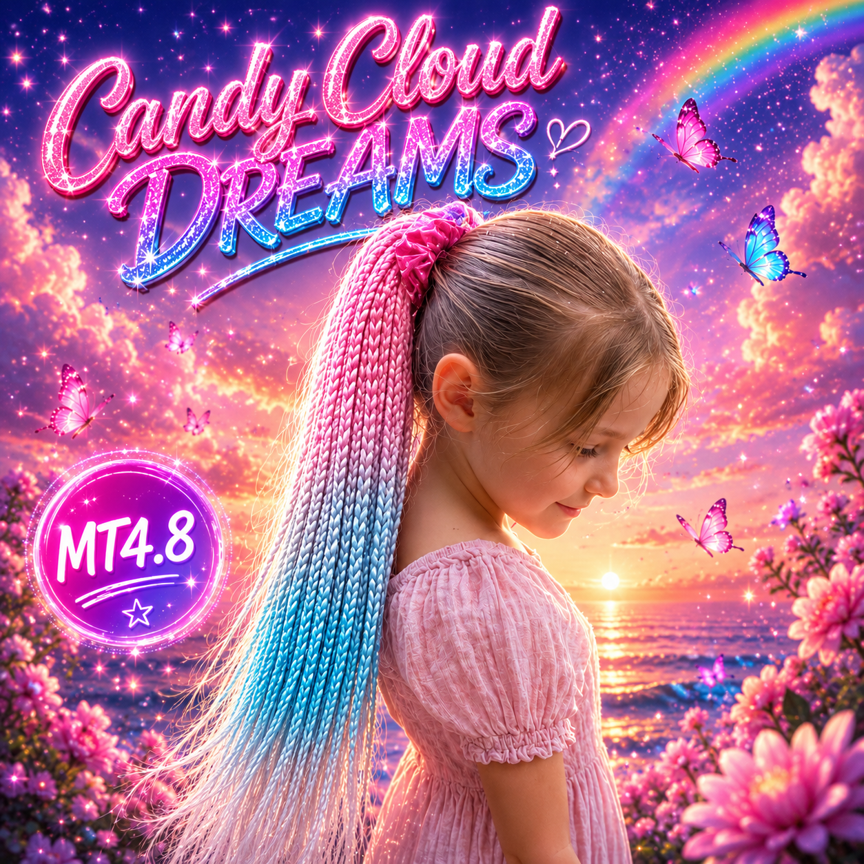 Candy Pink, Sky Blue & Pastel White Braided Ponytail Extension (MT4.8 Candy Cloud Dreams)