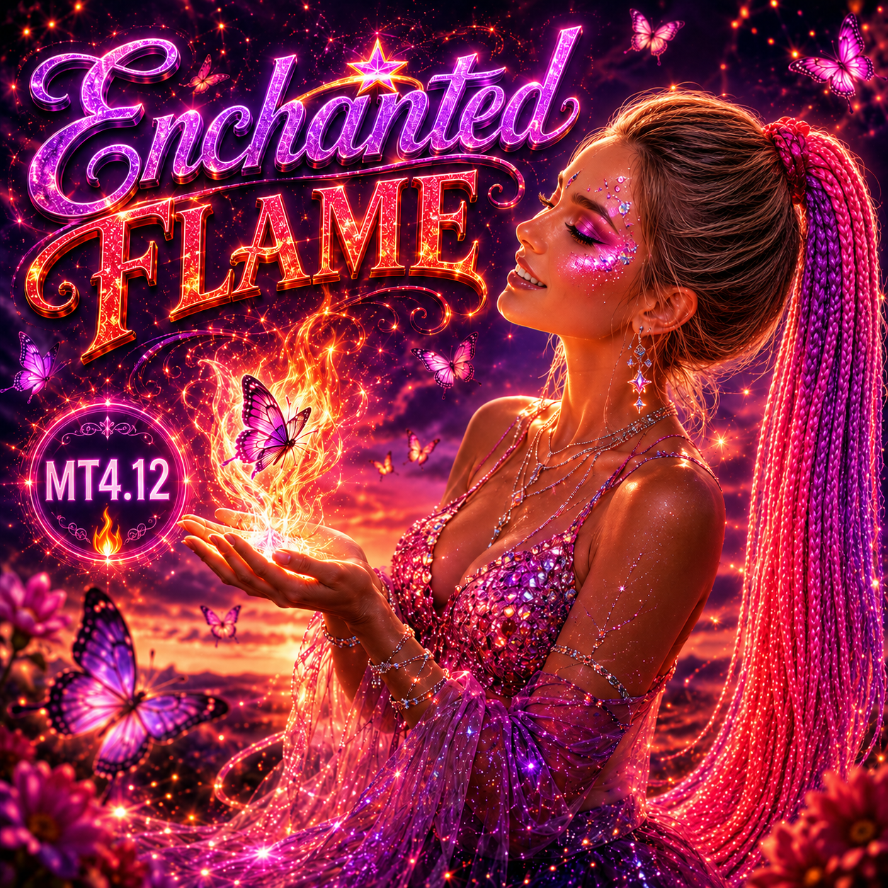 Magenta, Purple, Pink & Fiery Red Braided Ponytail Extension (MT4.12 Enchanted Flame)