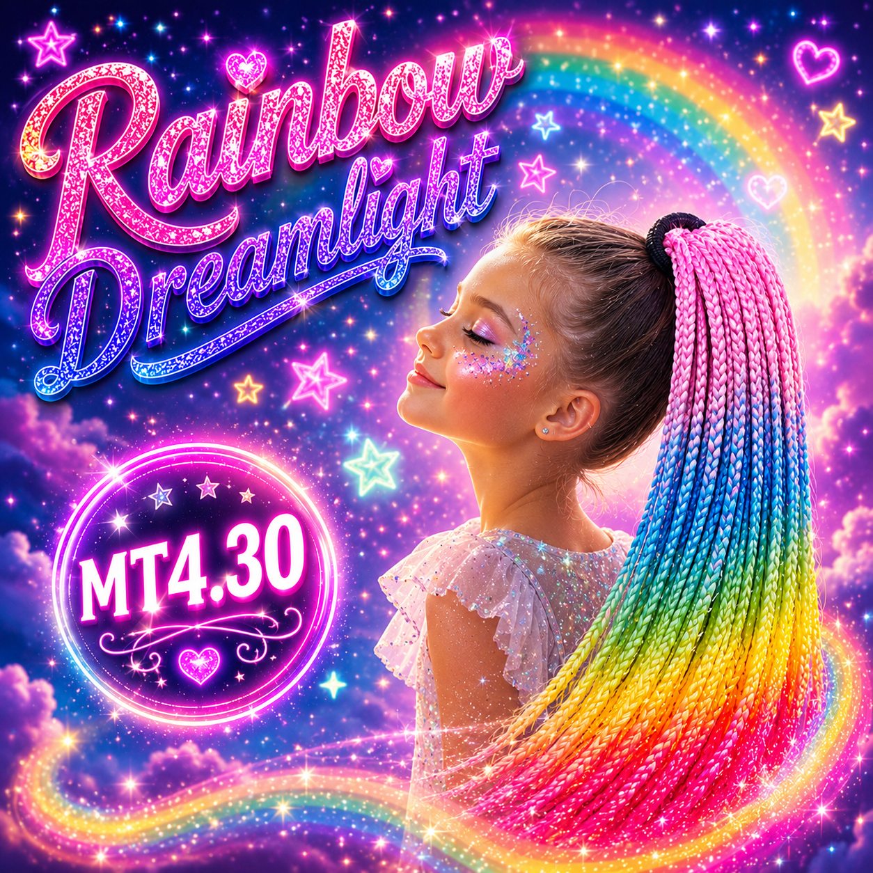 Rainbow, Pink & Blue Braided Ponytail Extension (MT4.30 Rainbow Dreamlight)