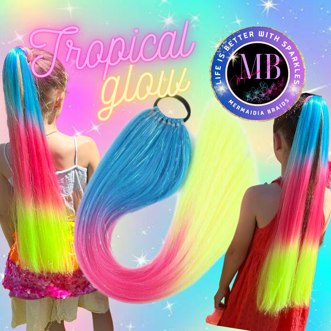 Blue, Pink & Neon Yellow Wrap Around Ponytail Extension (3.5 Tropical Glow)