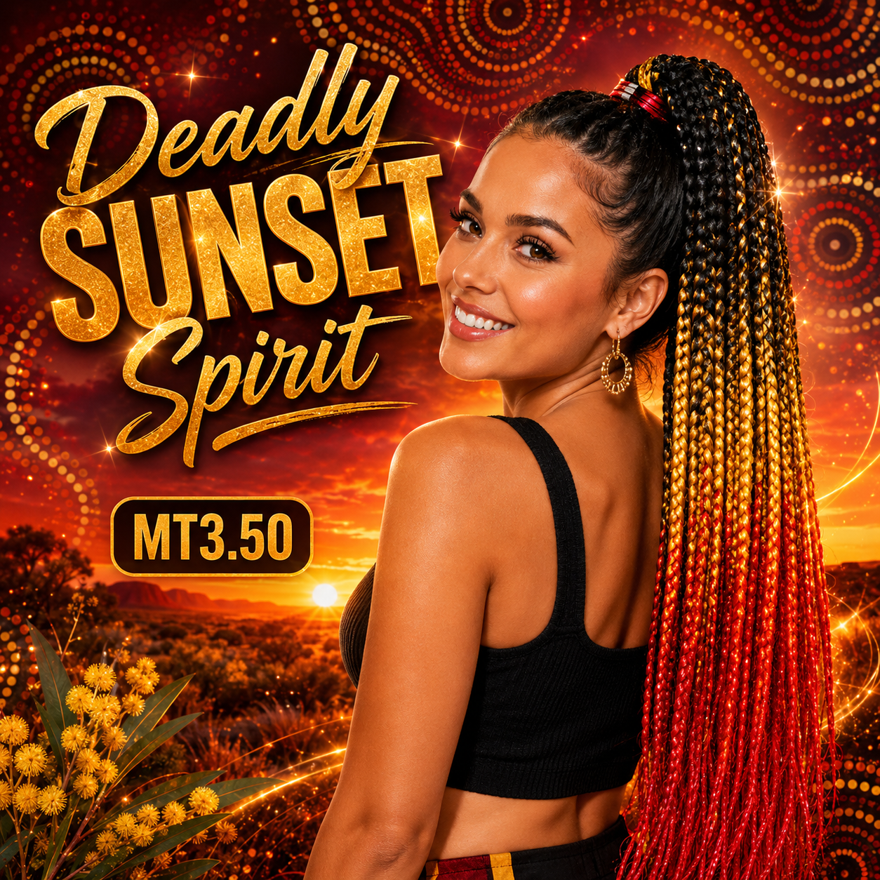 Black, Yellow & Red Braided Ponytail Extension (MT3.50 Deadly Sunset Spirit)