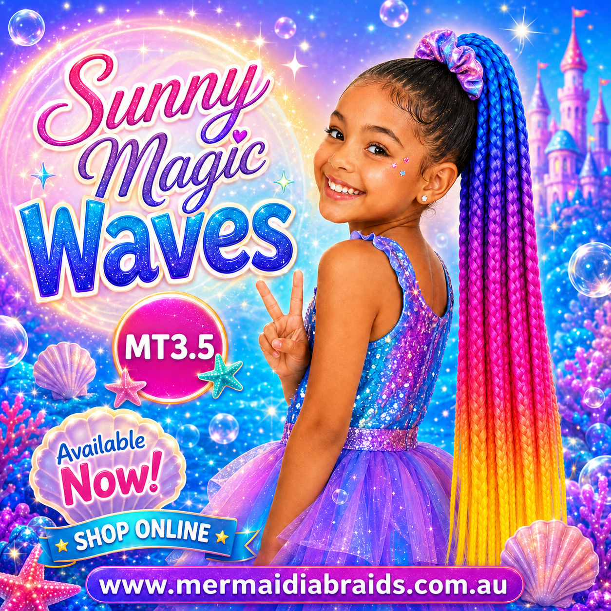 Blue, Pink & Golden Yellow Braided Ponytail Extension (MT3.5 Sunny Magic Waves)