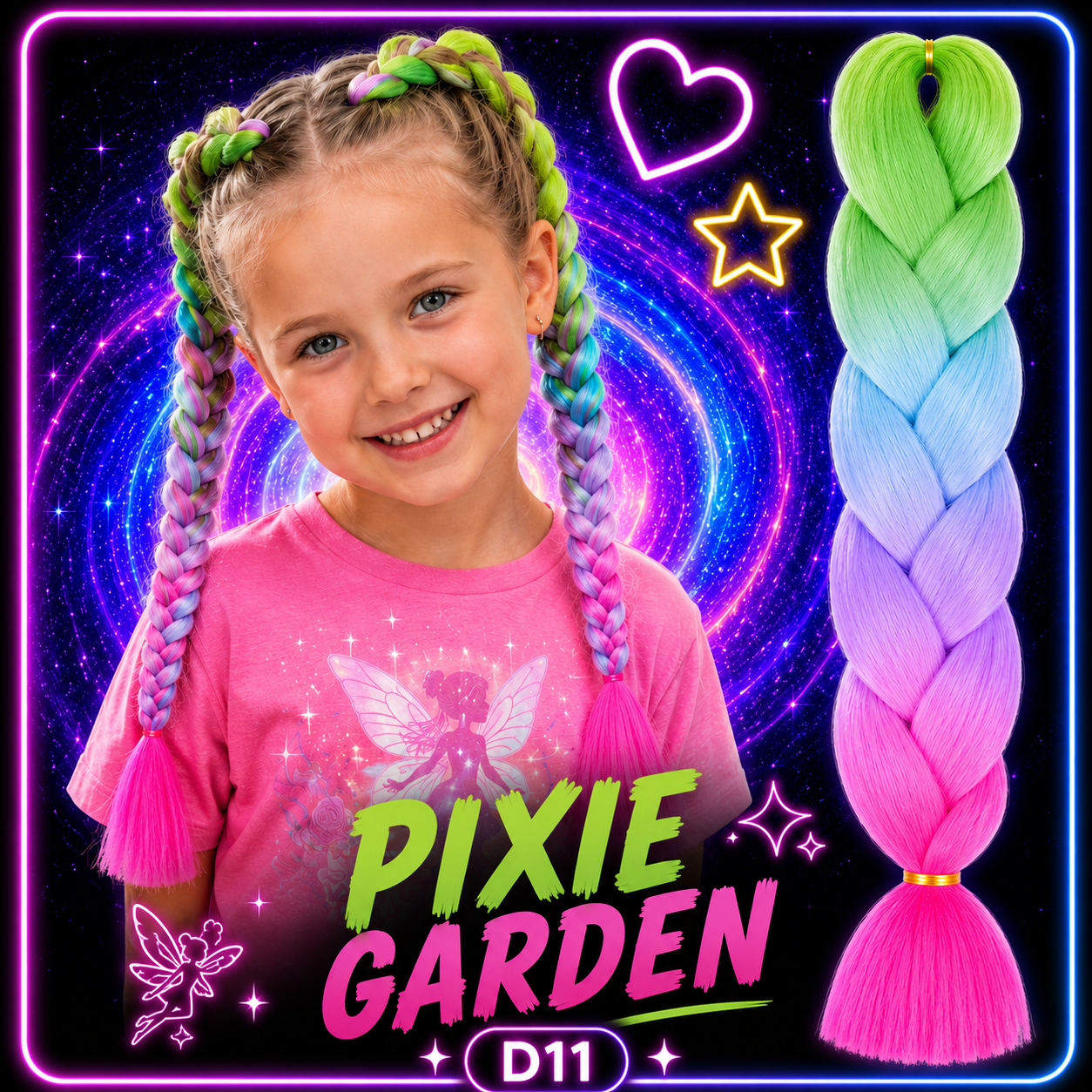 Lime Green, Blue, Purple & Pink Jumbo Braiding Hair Extension (D11 Pixie Garden)