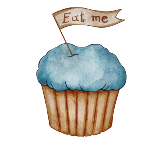 A cupcake with blue frosting and a small flag that says 'Eat me'.