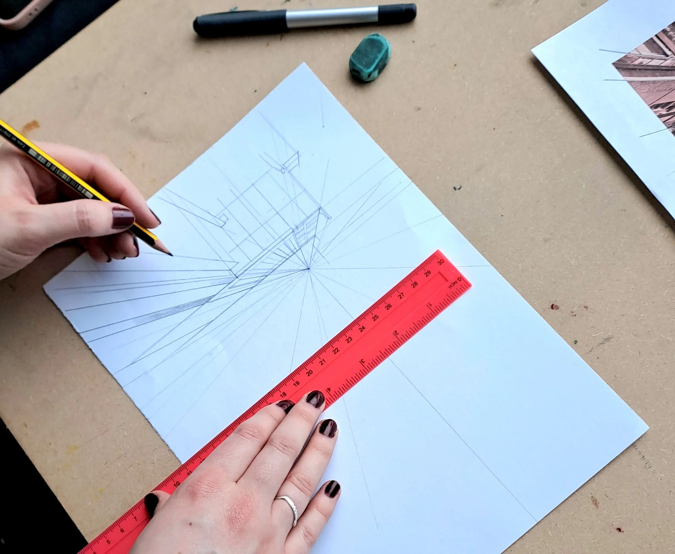 One point perspective drawing.